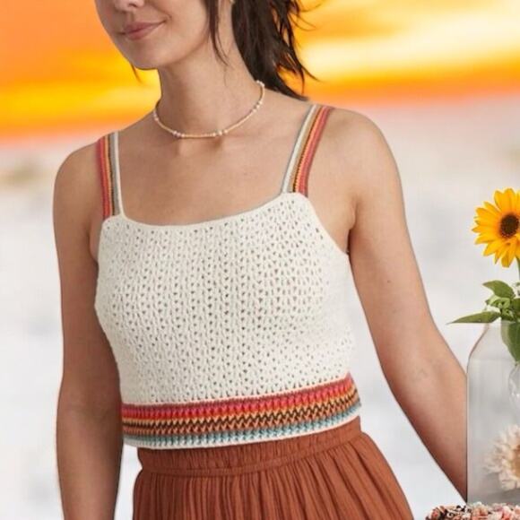 NWT Marine Layer ML Caro Cropped Crochet Tank in Ivory/Multi Stripe Size XL - Picture 1 of 8